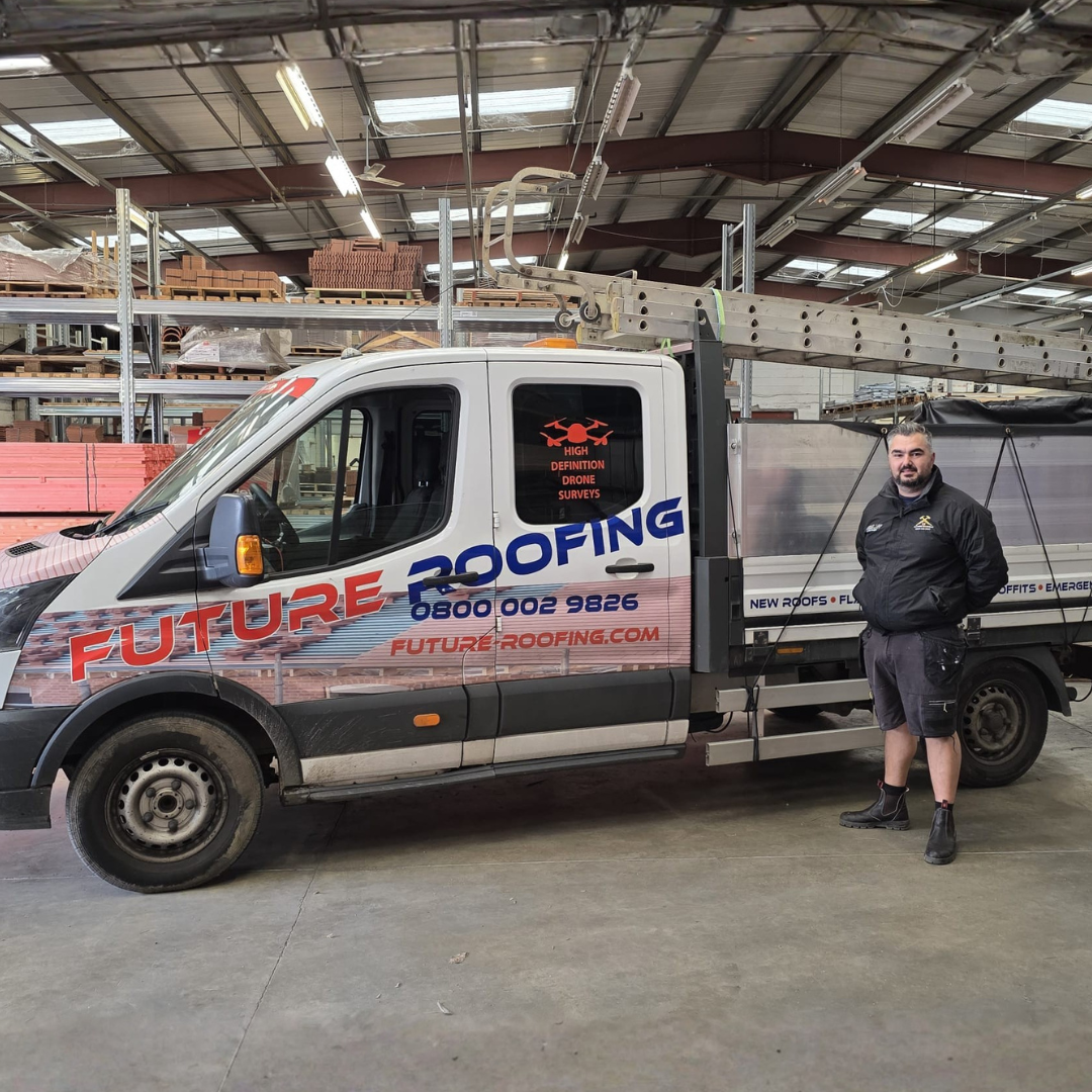 Billy Lee and the Future Roofing team beside the company van